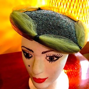 Vintage Green toole, beaded Hat- she fancy!